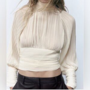 ZARA Ecru Pleated Billow Sleeve Blouse